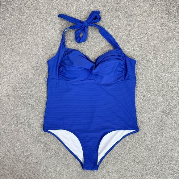 Ibiza Ribbed Halter One Piece Swimsuit Royal Blue Plus Size 1X - Picture 7 of 12